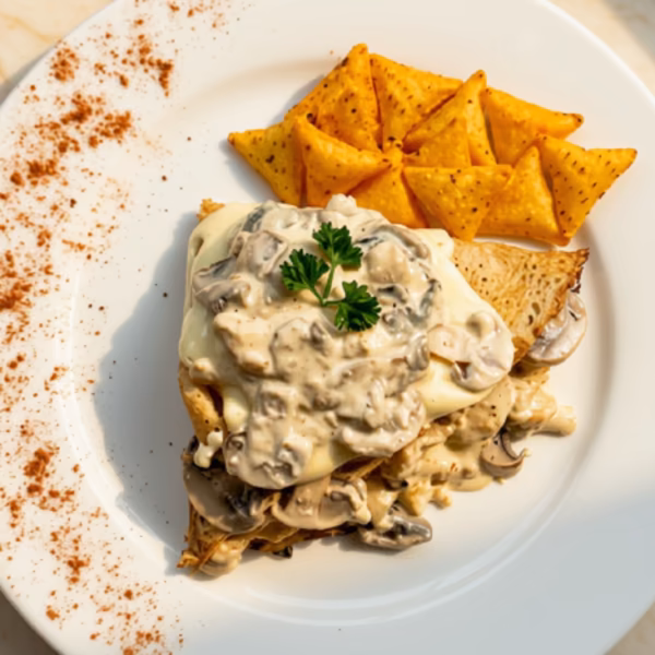 Crepe de champiñones gratinada del restaurante de Pastelería Dulcita en la sede Calle 72