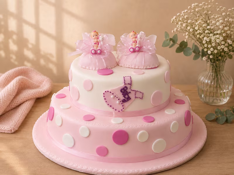 Pastel de baby shower con nenitas en crema — Pastelería Dulcita