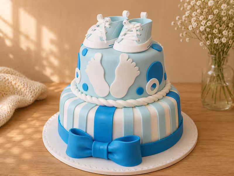 Pastel de baby shower con zapaticos personalizado — Pastelería Dulcita