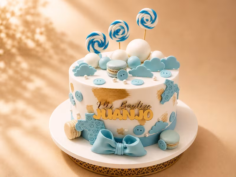 Torta elegante en fondant blanco para bautizo en Bogotá — Pastelería Dulcita