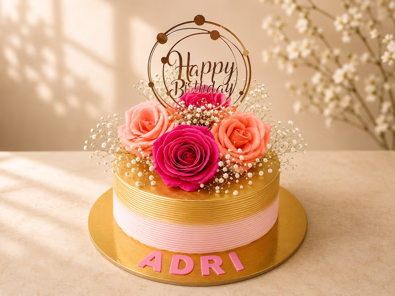 Torta personalizada con topper 'Happy Birthday' y flores naturales — Pastelería Dulcita en Bogotá