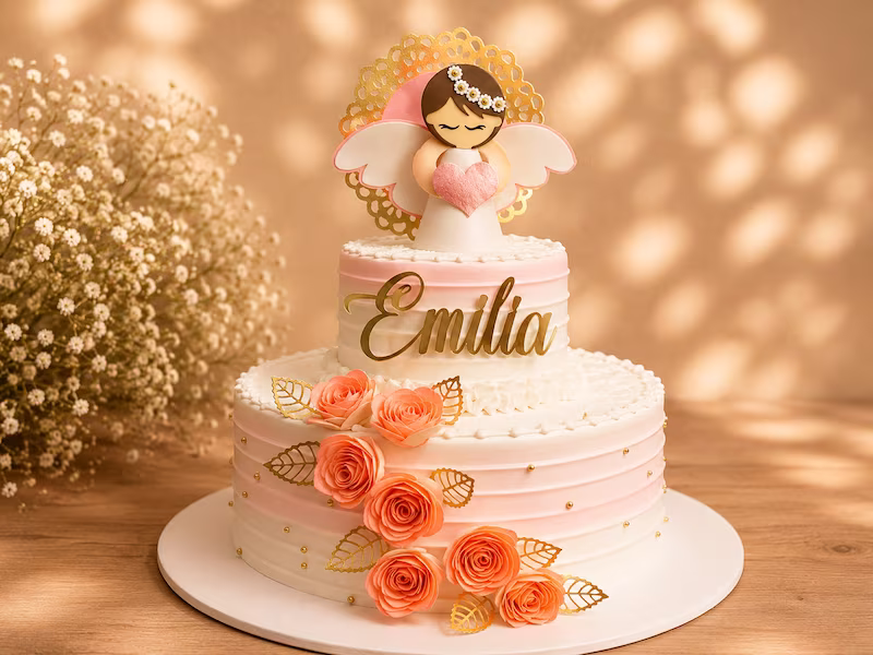 Torta clásica en fondant blanco, ideal para primera comunión — Pastelería Dulcita, Bogotá