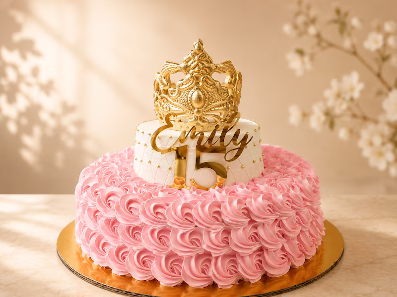 Torta de quinceañera con corona dorada y rosetones rosados — Pastelería Dulcita