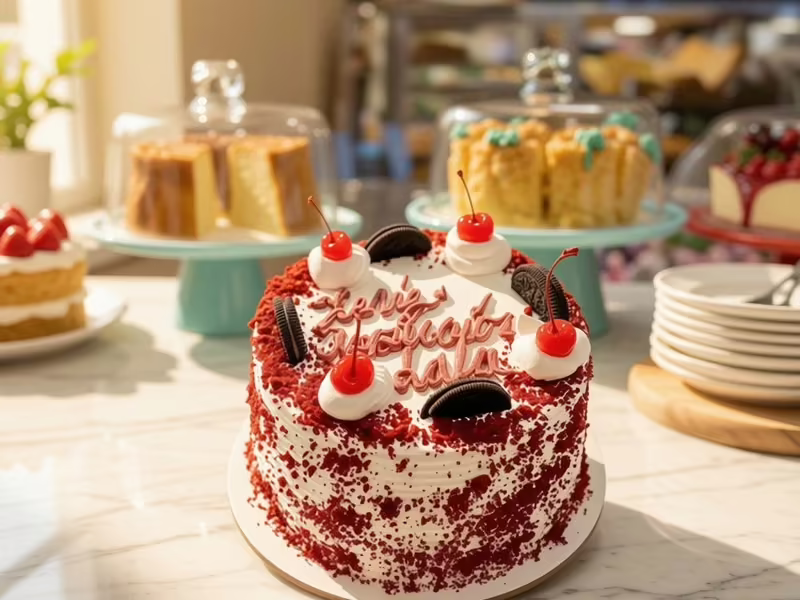 Torta red velvet lista para llevar en la vitrina de Pastelería Dulcita, Bogotá
