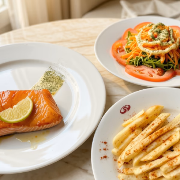 Salmón a la plancha con papas y ensalada, plato a la carta del restaurante Dulcita Calle 72