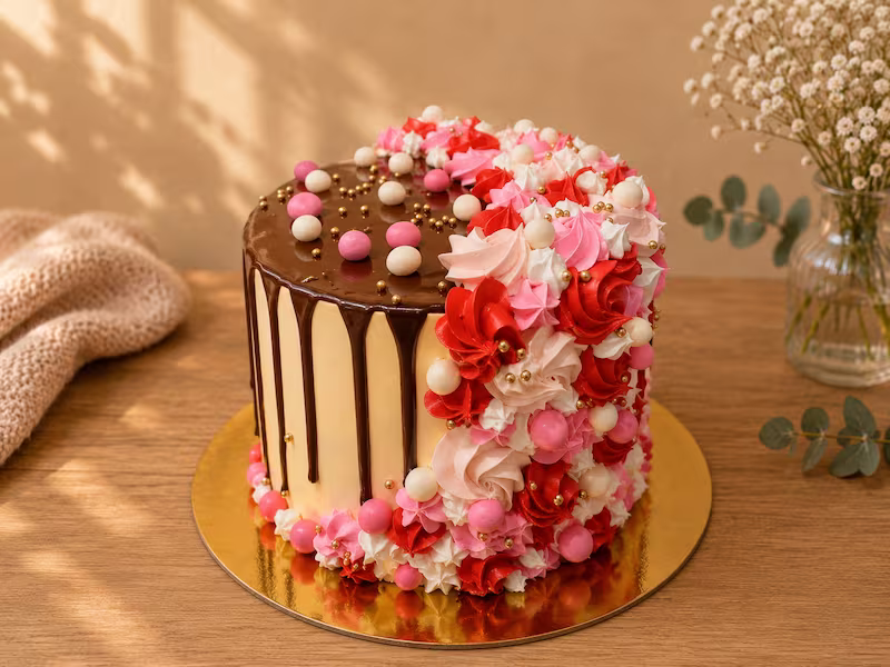 Torta de vanguardia con drip de chocolate y flores de crema en tonos rojos y rosados — Pastelería Dulcita