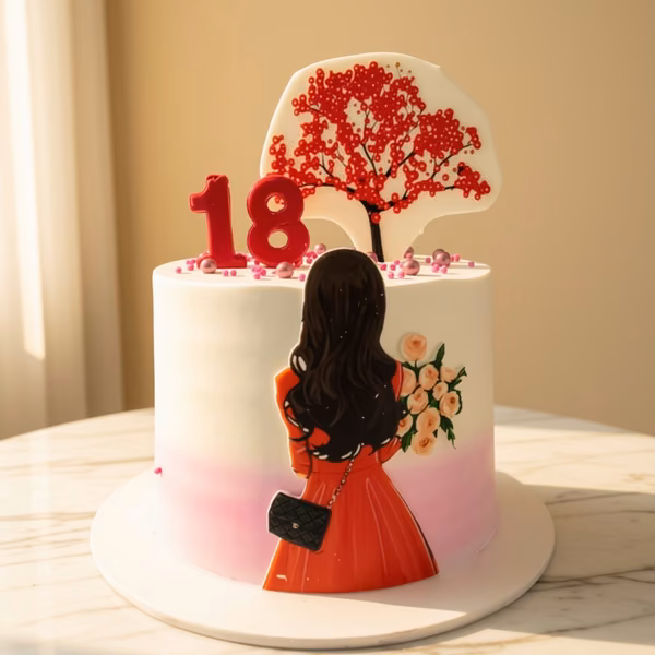 Torta de cumpleaños de 18 años con silueta y flores impresas en Bogotá — Pastelería Dulcita