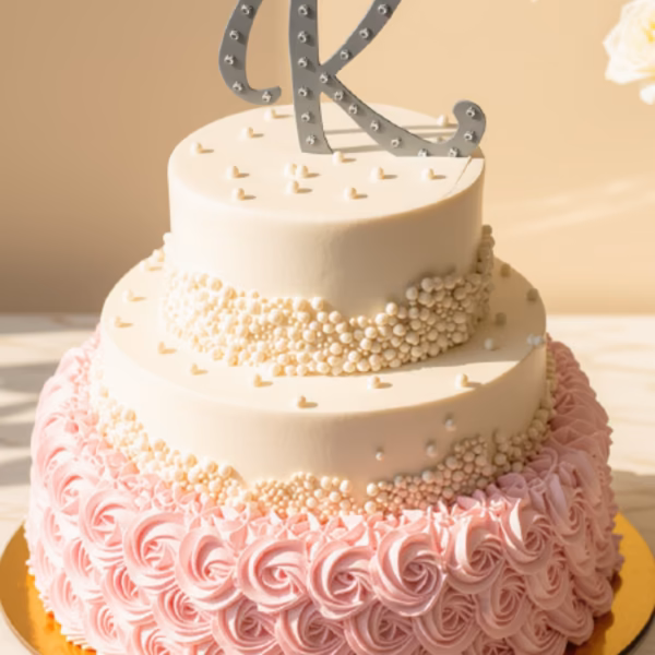 Torta de cumpleaños elegante para mujer con rosetones rosados y monograma, elaborada por Pastelería Dulcita en Bogotá