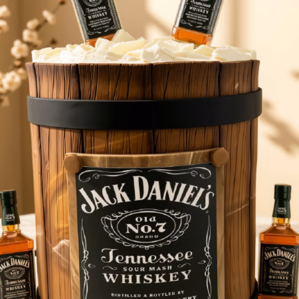 Torta de cumpleaños temática de whisky para hombre, elaborada por Pastelería Dulcita en Bogotá