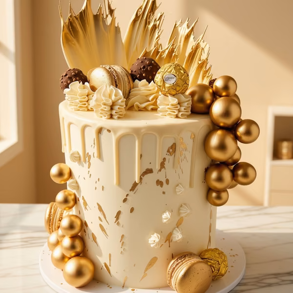 Torta drip dorada con macarons y chocolates Ferrero, elaborada por Pastelería Dulcita