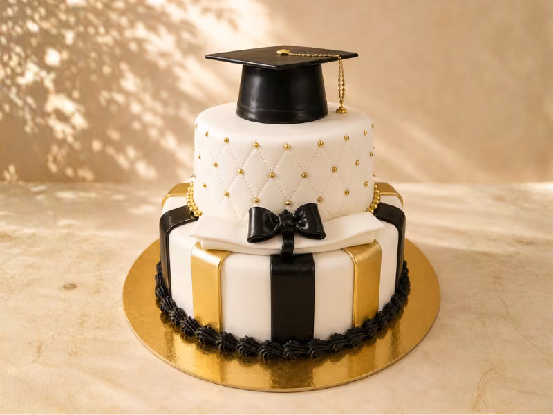 Torta de grados de dos pisos en blanco, negro y dorado con birrete, elaborada por Pastelería Dulcita en Bogotá