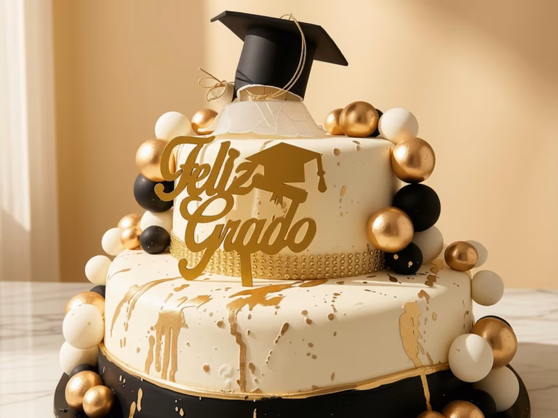Torta de grados en blanco y dorado con birrete, elaborada por Pastelería Dulcita en Bogotá