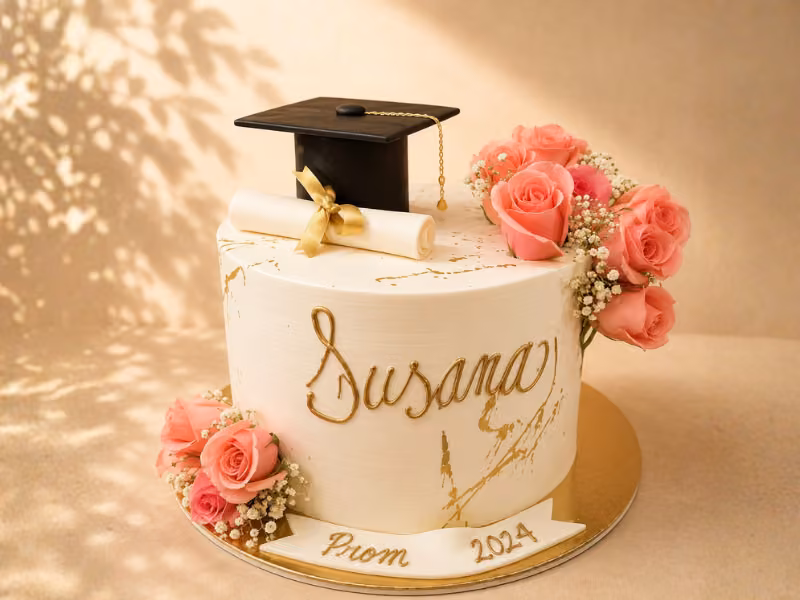 Torta de grados blanca con flores y birrete, elaborada por Pastelería Dulcita en Bogotá