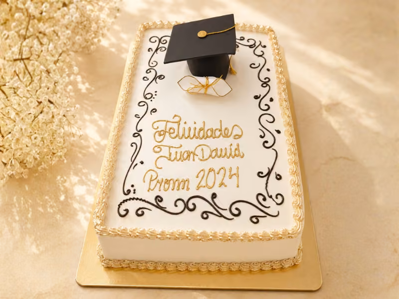 Torta plana de grados en blanco y dorado con birrete, elaborada por Pastelería Dulcita en Bogotá