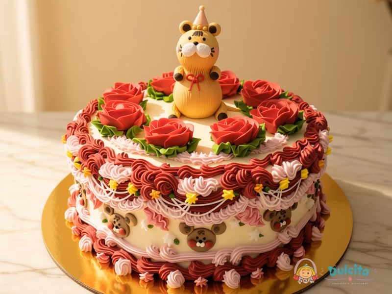 Torta infantil de dos pisos con osito y rosas de crema en Pastelería Dulcita, Bogotá