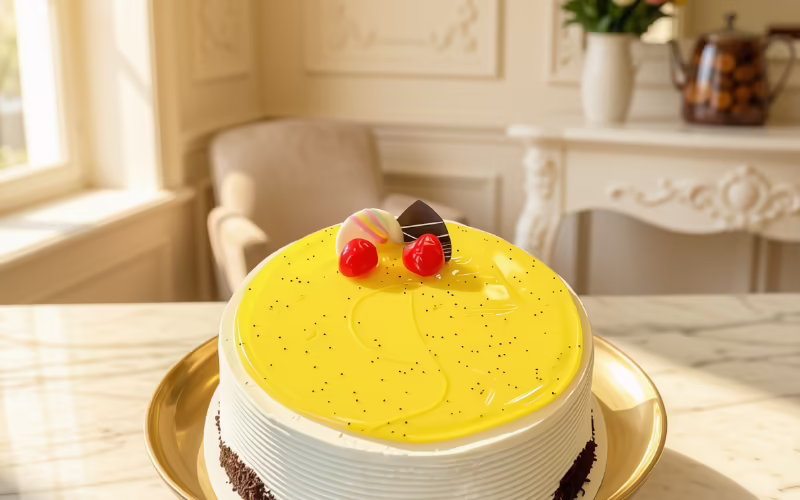 Torta de maracuyá lista para llevar en la vitrina de Pastelería Dulcita, Bogotá