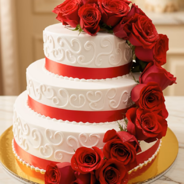 Torta de matrimonio elegante en blanco con rosas rojas naturales, elaborada por Pastelería Dulcita en Bogotá