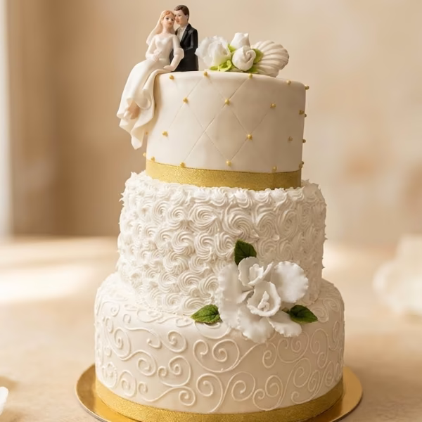Torta de matrimonio de tres pisos con fondant acolchado dorado y rosetones en crema, elaborada por Pastelería Dulcita en Bogotá