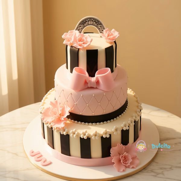 Torta de varios pisos con moño y flores de fondant, del menú de Pastelería Dulcita en Bogotá