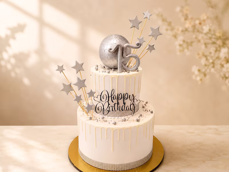 Torta de varios pisos con efecto drip y topper Happy Birthday elaborada por Pastelería Dulcita en Bogotá