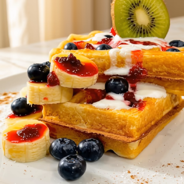 Waffle con frutos rojos, banano y arándanos del restaurante Dulcita Calle 72